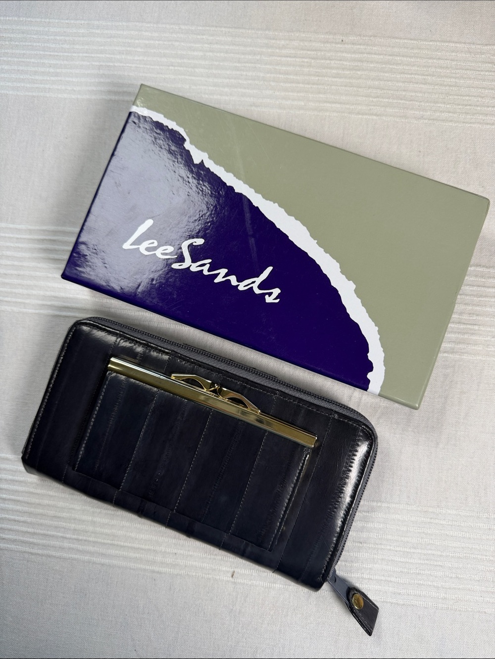 Lee Sands Grey Leather Zip Around Wallet with Gold Accent